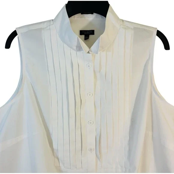 Talbots Size 18WP Pleated Front Button Up Tuxedo Blouse Sleeveless - Picture 3 of 8